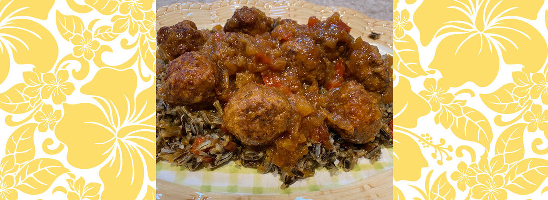 Tangy Pineapple and Red Pepper Sauce Over Asian Pork Meatballs and Wild Rice