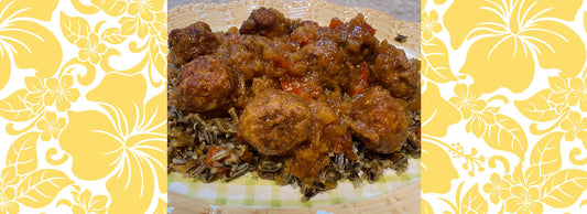 Tangy Pineapple and Red Pepper Sauce Over Asian Pork Meatballs and Wild Rice
