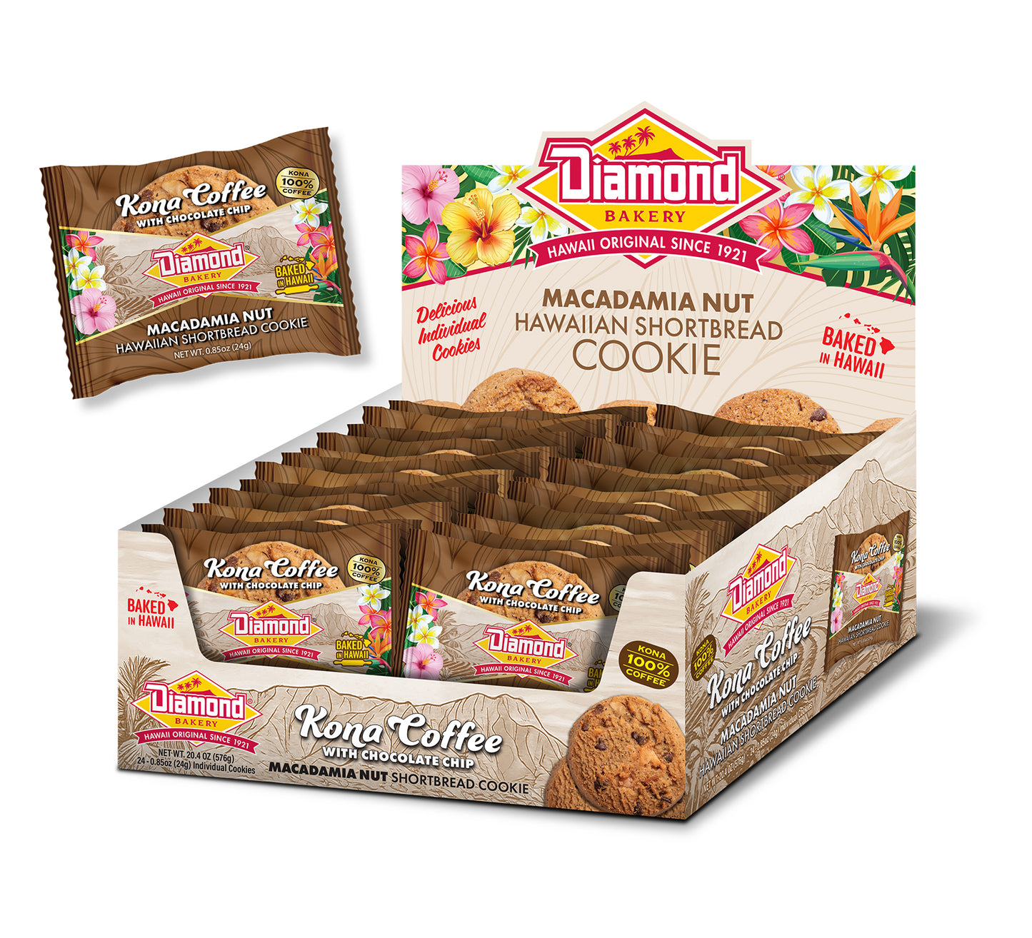 Macadamia Nut Hawaiian Shortbread Cookie, Kona Coffee Chocolate Chip (Case)