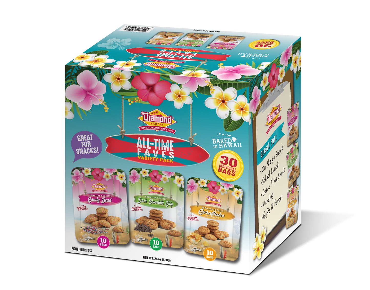 Hawaiian Cookies Variety Pack, All-Time Faves (30/0.8oz of Candy Bead, Dark Chocolate Chip and Cornflake!
