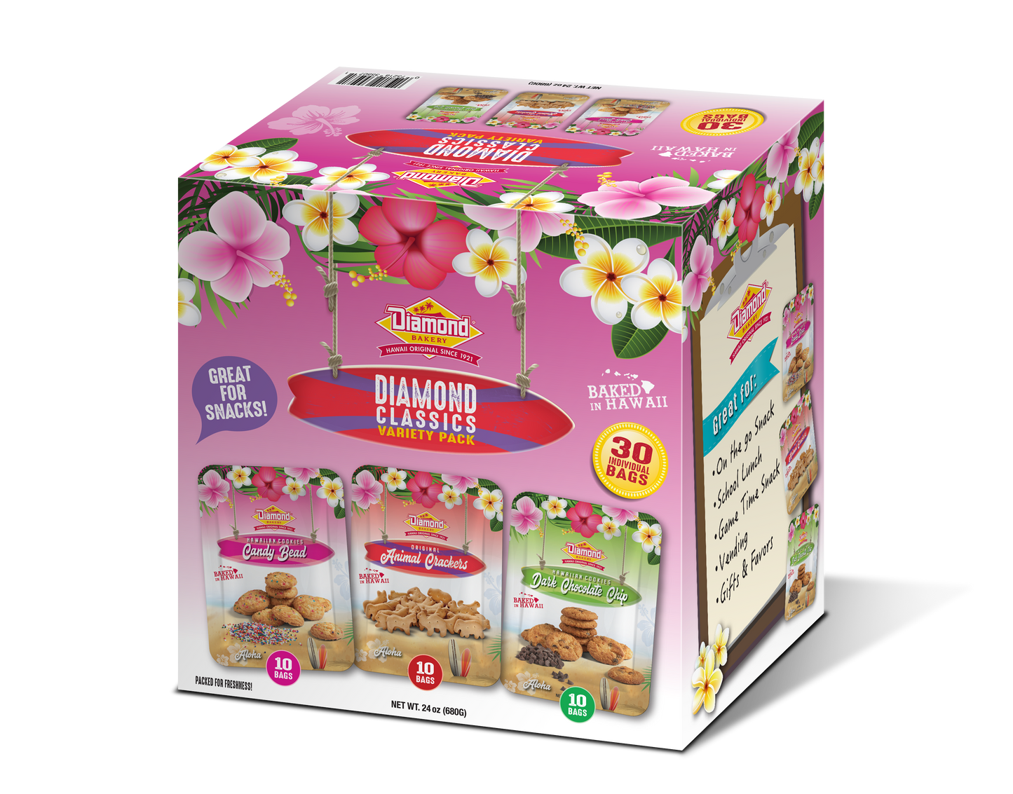 Hawaiian Cookies Variety Pack, Diamond Classics (30/0.8oz of Candy Bead, Original Animal Crackers and Cornflake!